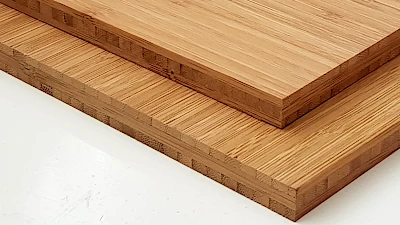 Hochkantlamella Optik Bambusplatte mit 3-Schicht Aufbau Bambusplatte mit 3-Schicht Aufbau, Vertikaloptik und Karamellfarbe